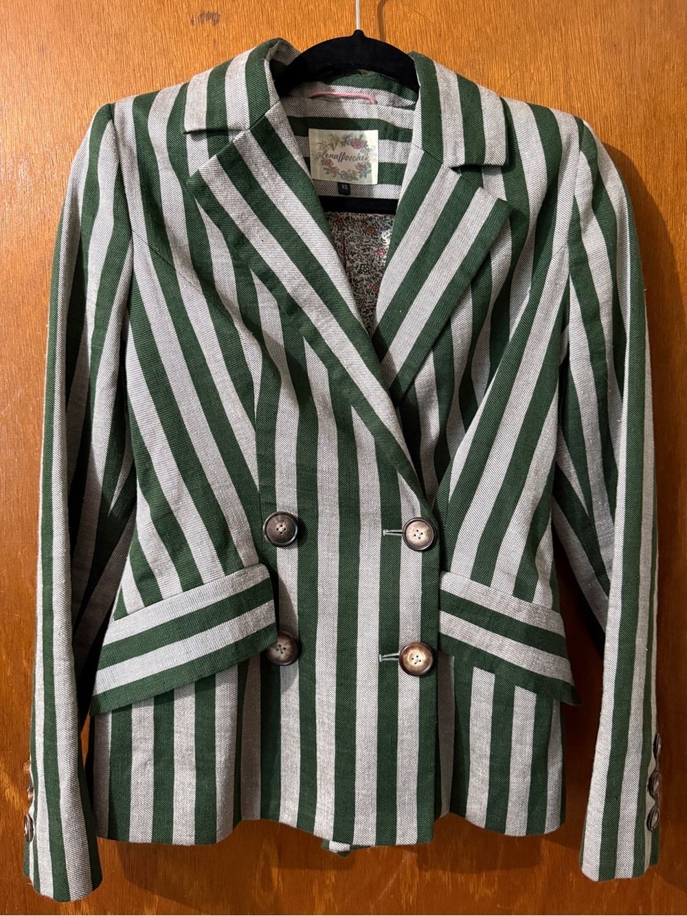 EUC Lena Hoschek Èquipe Jacket Striped Green & Cream Double-Breasted Blazer - XS